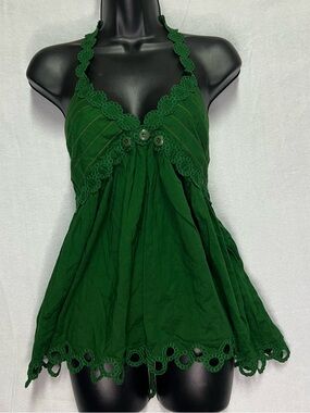 Moda International 100% Cotton Green Halter Top Boho Fairy Cottagecore Earthy S